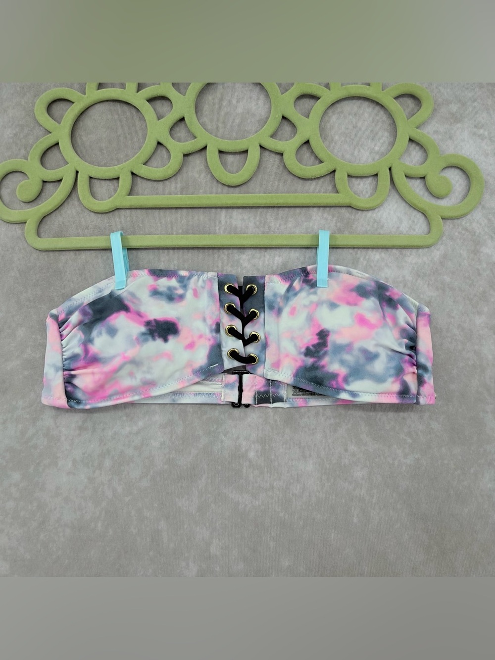 PINK Victoria's Secret Tie-Dye Lace-Up Bandeau Bikini Top - Pink, Blue, Gray